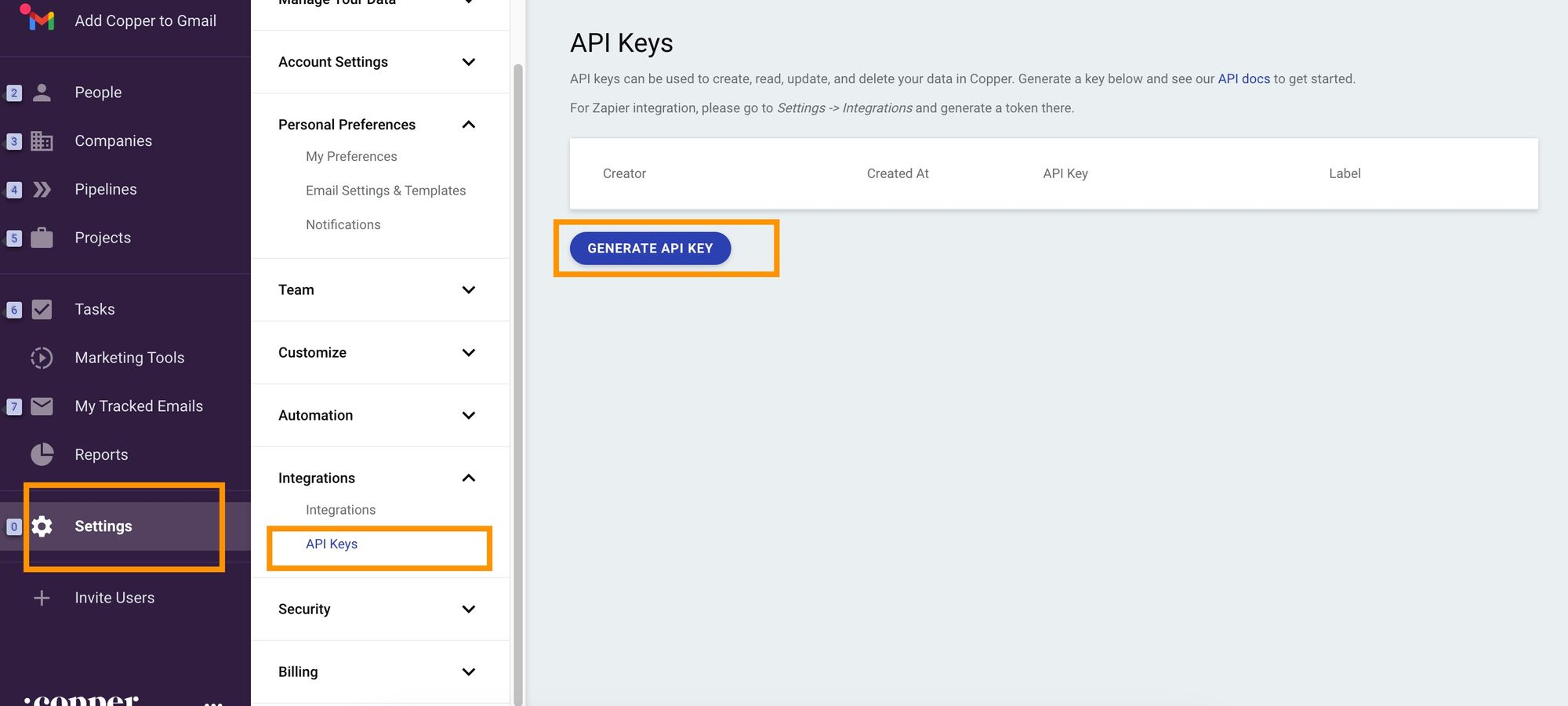 Generating a Copper CRM API Key