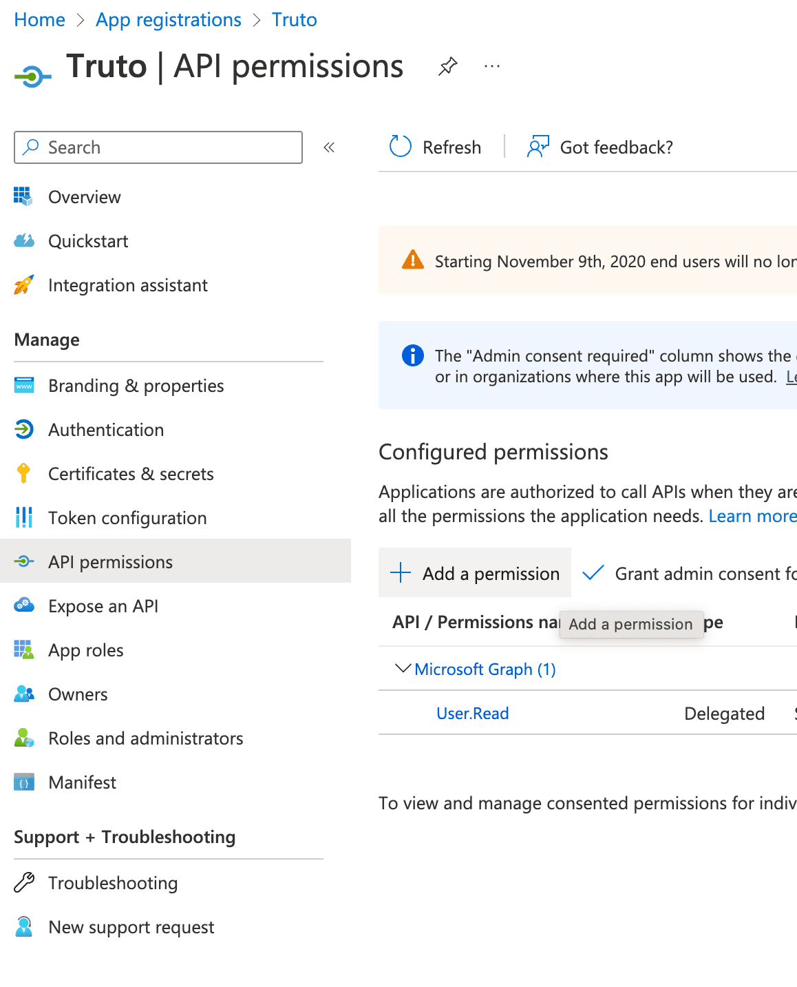 Click Add a permission to add Dynamics CRM permission
