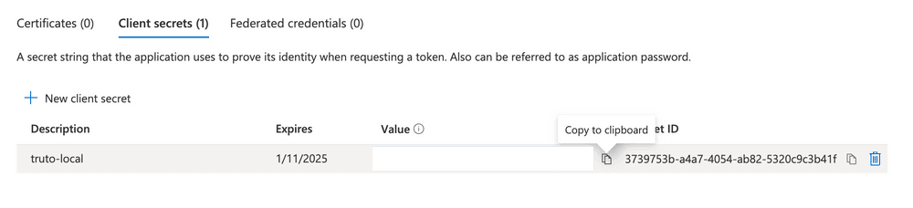 Client secrets list in the Azure portal showing the generated secret value and a copy to clipboard icon.