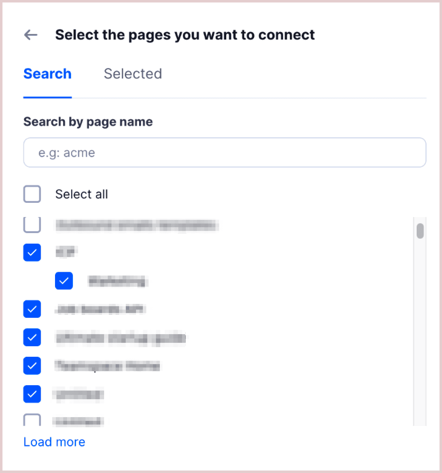 Truto's RapidForm UI showing a searchable checklist to select specific Notion pages for connection.
