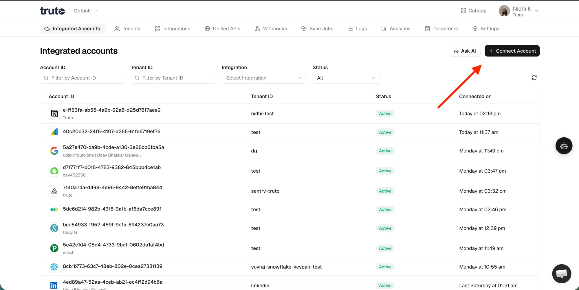 Integrated accounts page with the Connect Account button