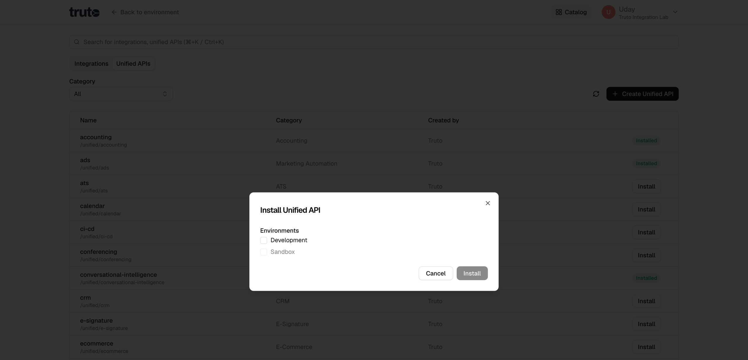 Install unified API modal