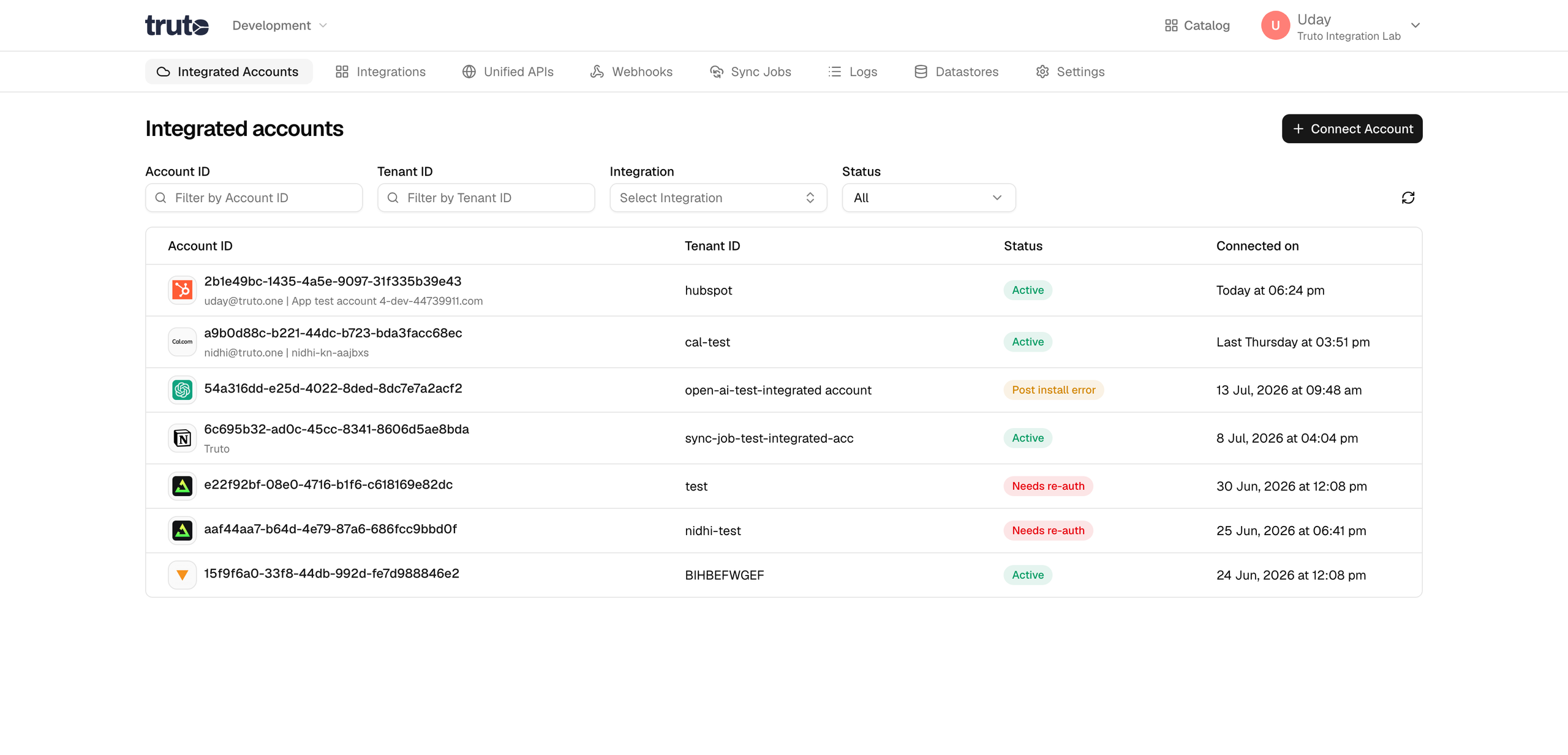 Integrated accounts tab