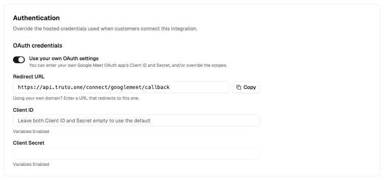 Redirect URL field showing Truto's callback