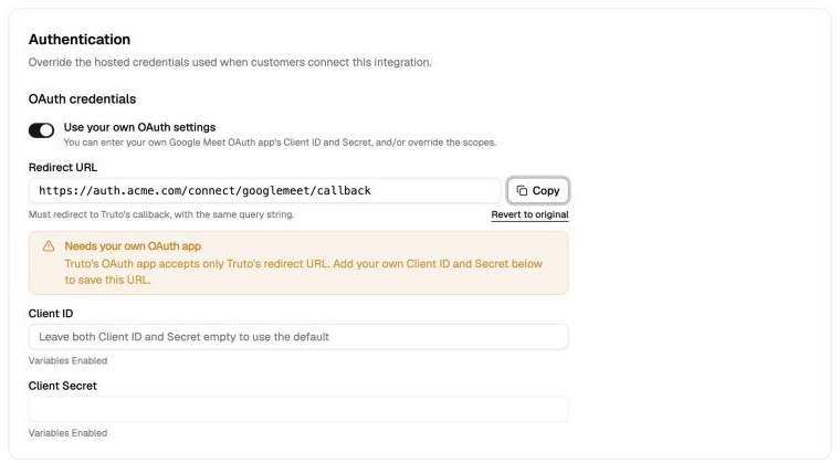 Needs your own OAuth app warning under the Redirect URL field