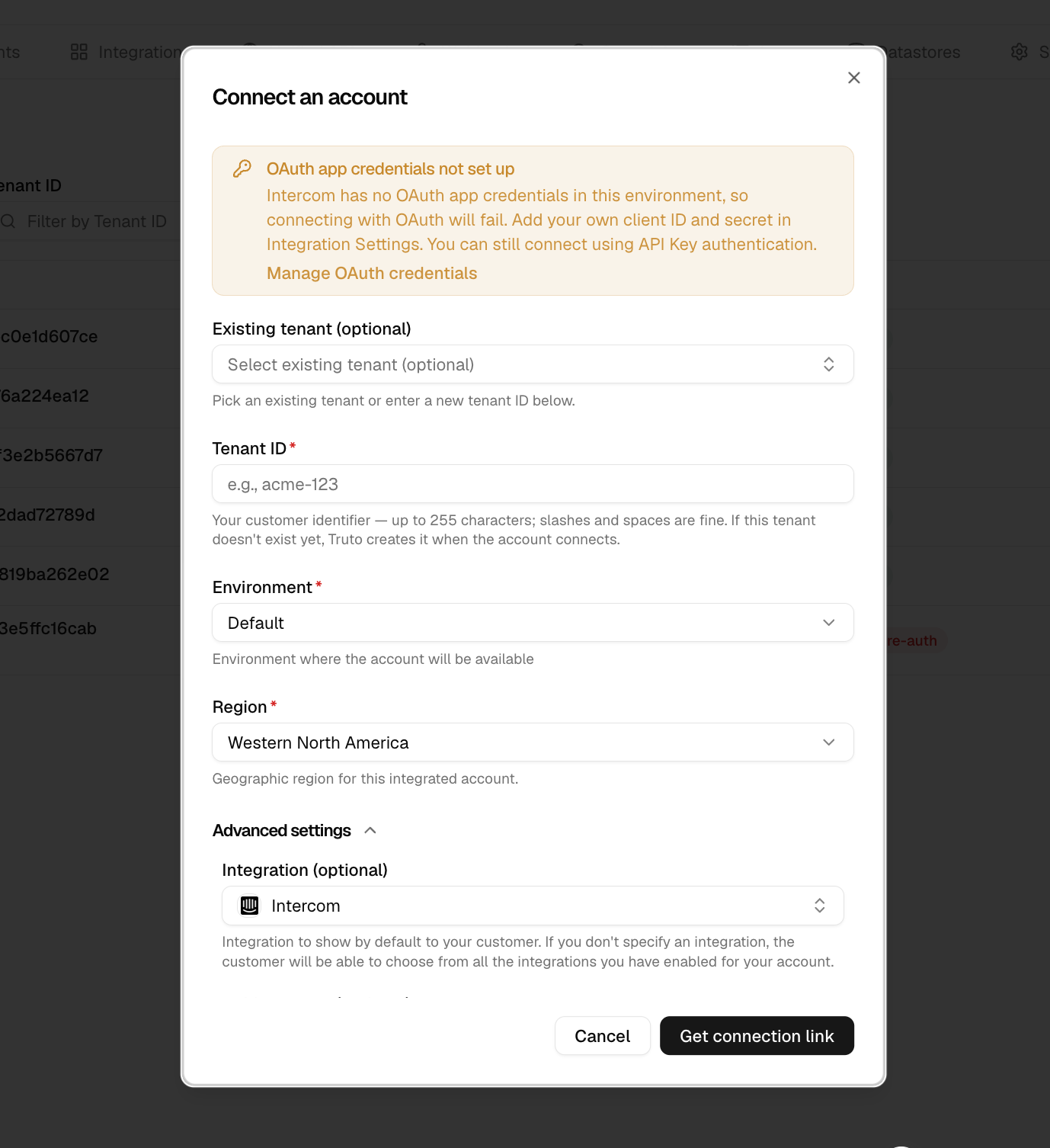 Dashboard "Connect an account" modal for Intercom showing the OAuth warning plus "You can still connect using API Key authentication"