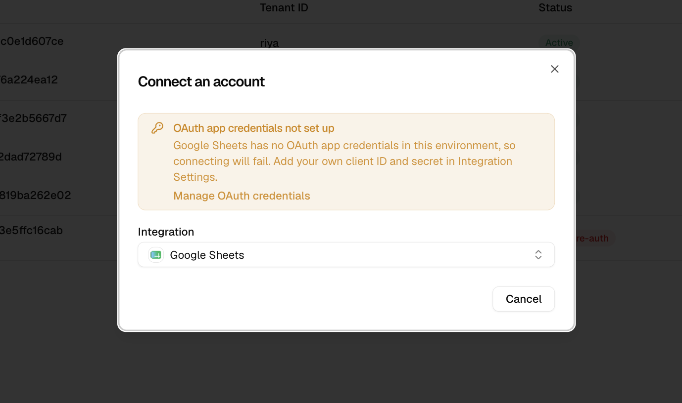 Dashboard "Connect an account" modal for Google Sheets showing an "OAuth app credentials not set up" warning with a Manage OAuth credentials link