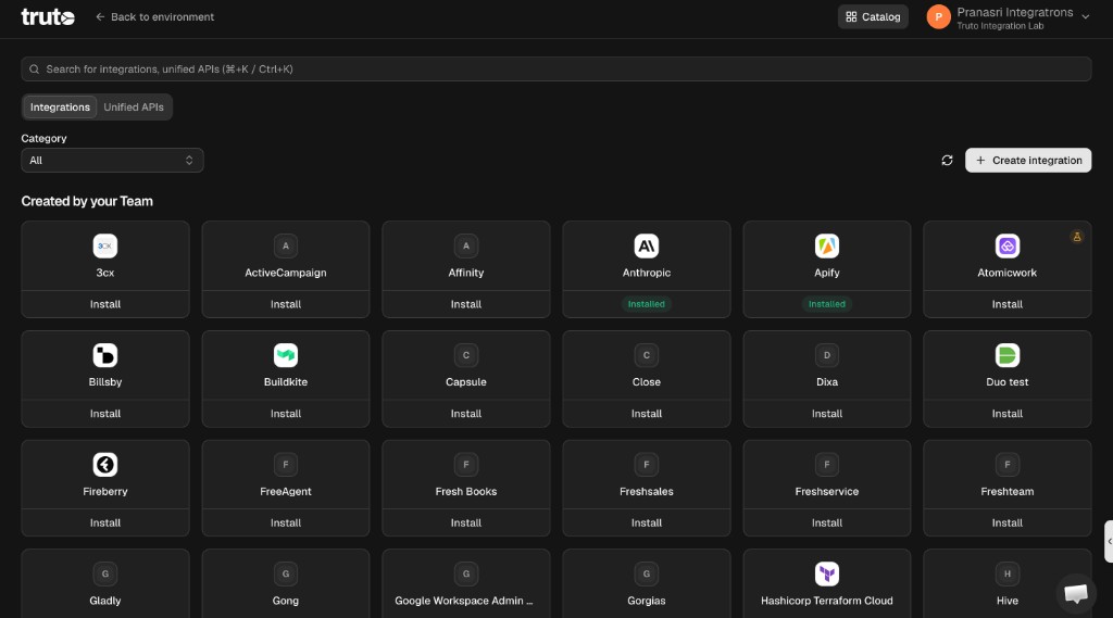 Truto integration catalog in dark mode, showing installable integration cards grouped under Created by your Team