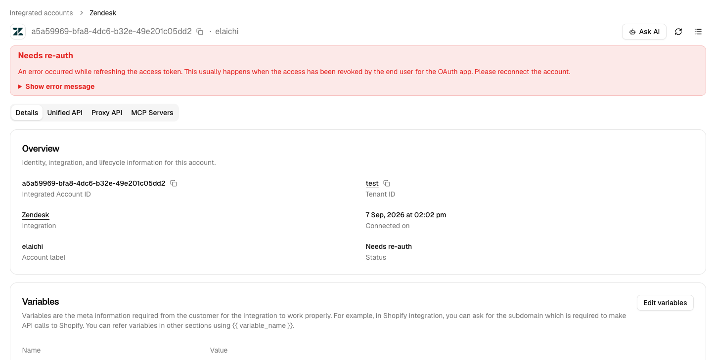 An integrated account in the Needs re-auth state, showing the OAuth reconnect message