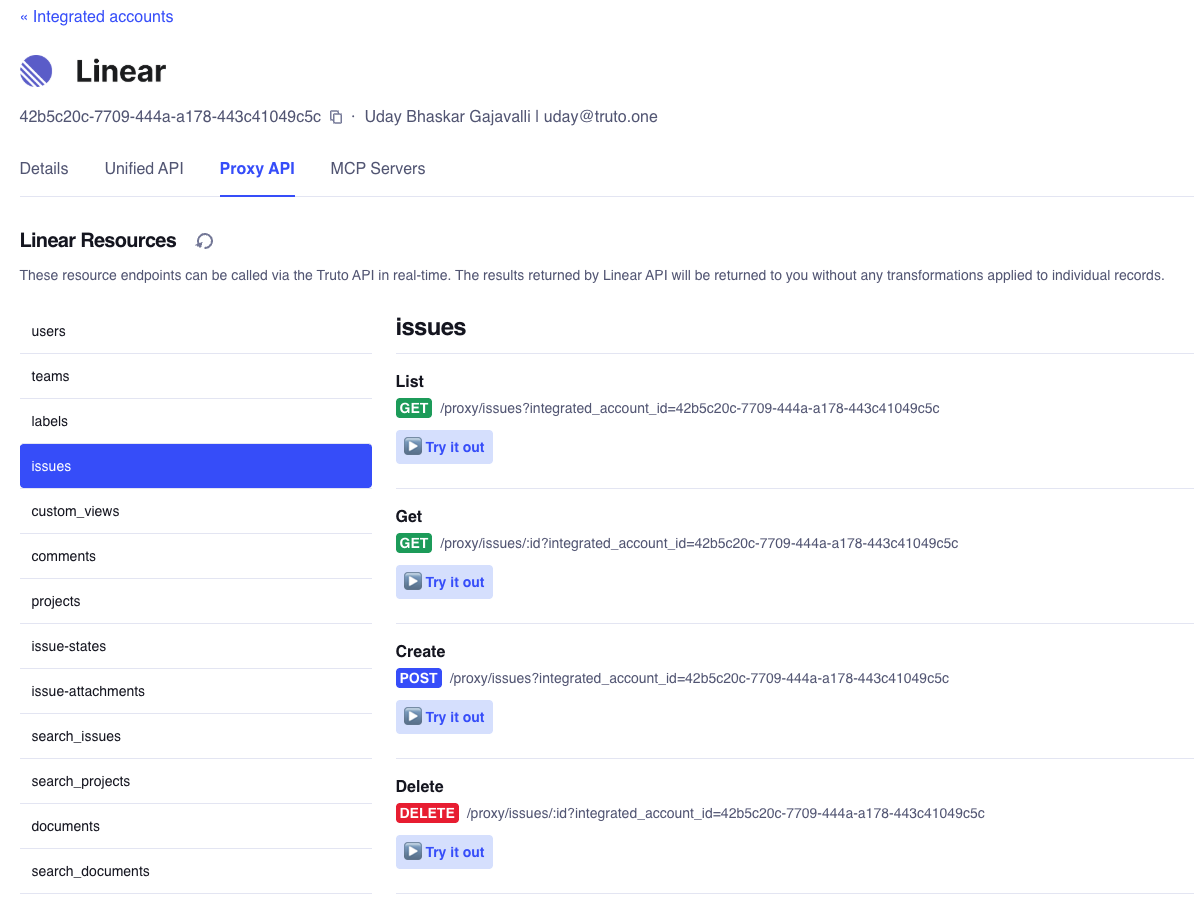 Converted Linear REST APIs in Truto UI