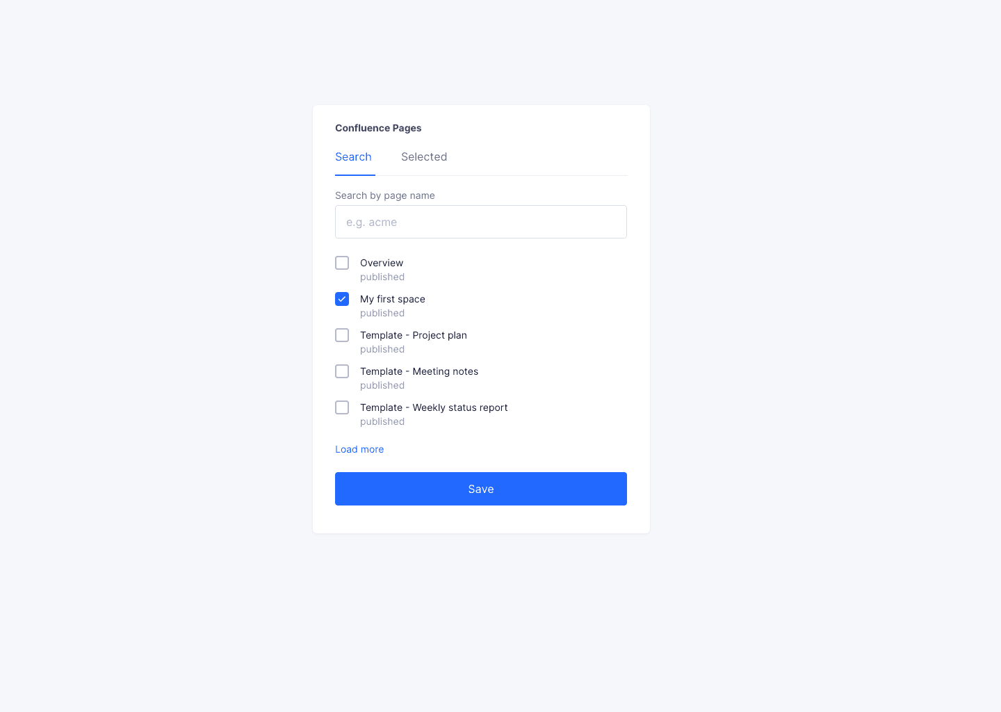 RapidForm interface showing a list of Confluence pages with My first space selected for restricted access.